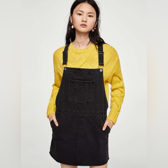 Mango Black Bib Overall Denim Mini Dress - Picture 1 of 8
